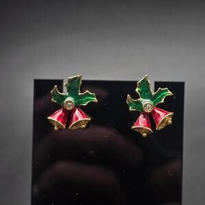 Avon 1996 Holidays Earrings Holly Leaves Bells Rhinestone Enamel Christmas